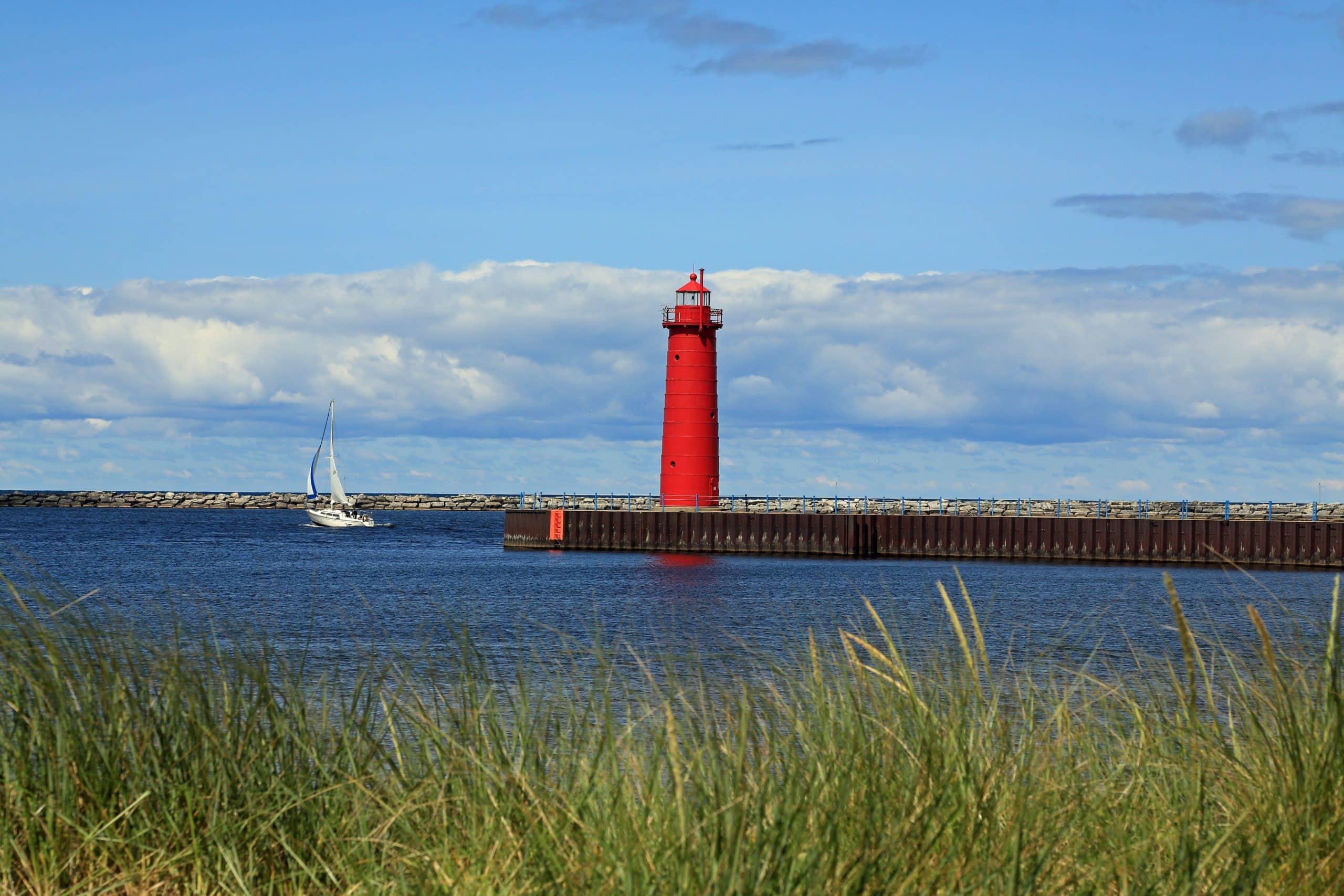 Red lighthouse in Muskegon, Michigan, USA
